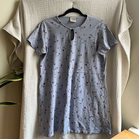 Vintage Varsity Sport Floral Cotton Blue Mini Dress w Keyhole Neckline Medium - Picture 1 of 3